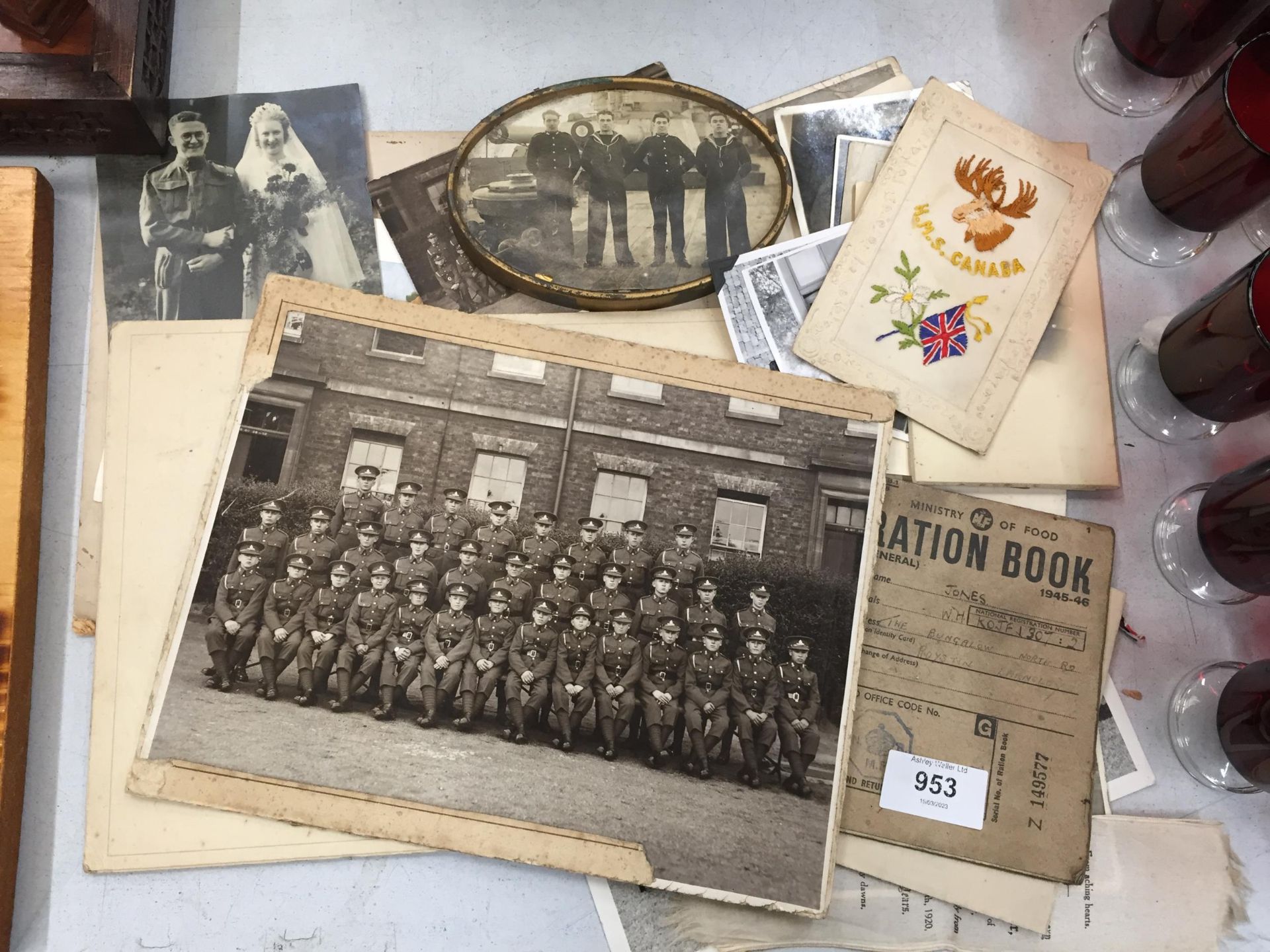 VARIOUS WORLD WAR II PHOTOGRAPHS AND A RATION BOOK