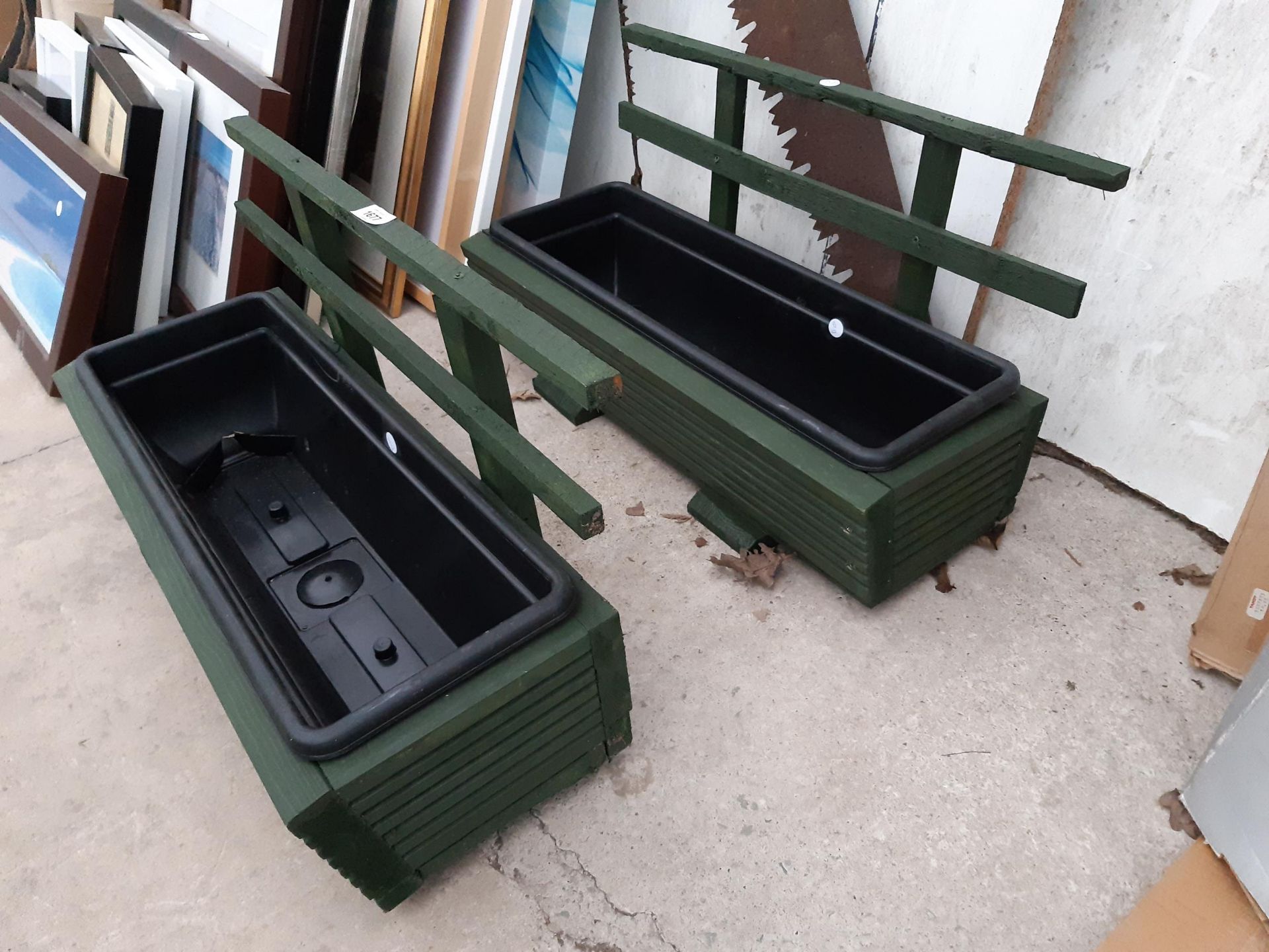 TWO WOODEN TROUGH PLANTERS WITH PLASTIC INSERTS AND TRELIS BACK - Image 2 of 2