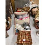 A LARGE QUANTITY OF SEWING AND HABERDASHERY RELATED ITEMS TO INCLUDE BUTTONS, THREADS, WOOL,