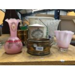 A MIXED LOT TO INCLUDE BRASS PLANTERS, A STONEWARE PASTA JAR, GLASS VASES, ETC