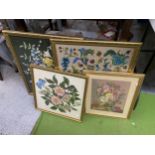 FOUR GILT FRAMED FLORAL WOOLWORK PICTURES