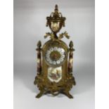 A LIMOGES STYLE DECORATIVE BRASS MANTLE CLOCK, CONVERTED TO BATTERY, HEIGHT 41CM