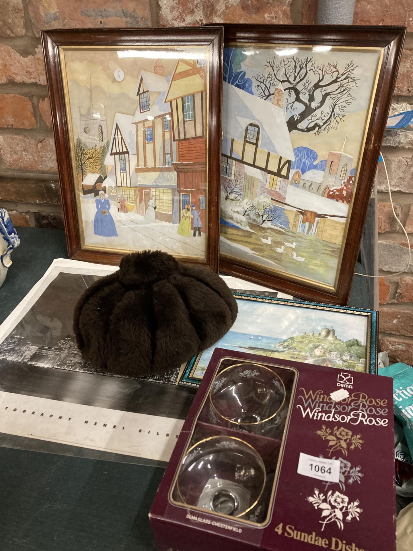 A MIXED LOT TO INCLUDE TWO WATERCOLOURS SIGNED E. M. HILL 1954, DESSERT GLASSES, A FUR HAT, ETC