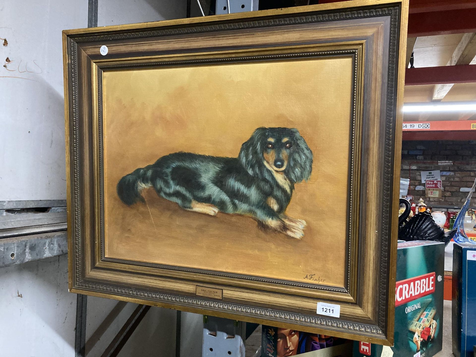 A FRAMED OIL ON CANVAS OF A DOG SIGNED A FISCHER