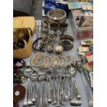 A QUANTITY OF WHITE METAL AND SILVER PLATED ITEMS TO IONCLUDE FLATWARE, CONDIMENTS, BEAKERS, ROSE