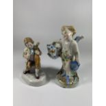 TWO CONTINENTAL PORCELAIN FIGURES OF A MUSICIAN AND A CHERUB HEIGHT 17CM