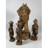 A COLLECTION OF CHINESE CARVED WOODEN FIGURES TO INCLUDE A FISHERMAN