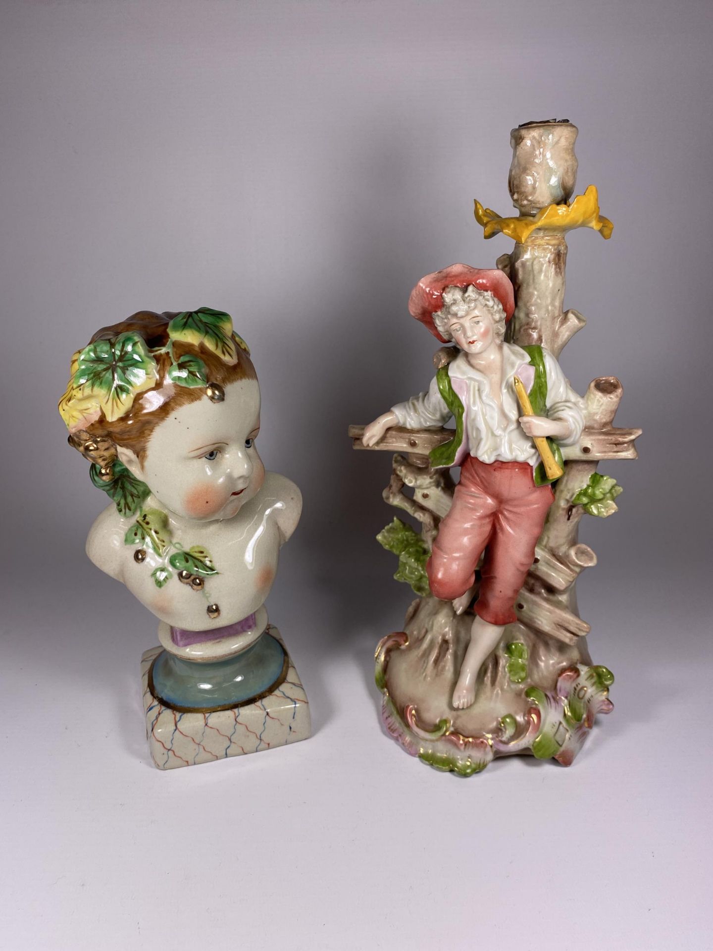 TWO ITEMS TO INCLUDE A STAFFORDSHIRE TYPE FIGURE AND CONTINENTAL PORCELAIN BOY TABLE LAMP, CROSS