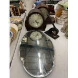 TWO VINTAGE MANTLE CLOCKS, A DECO MIRROR AND A SEAL STAMP