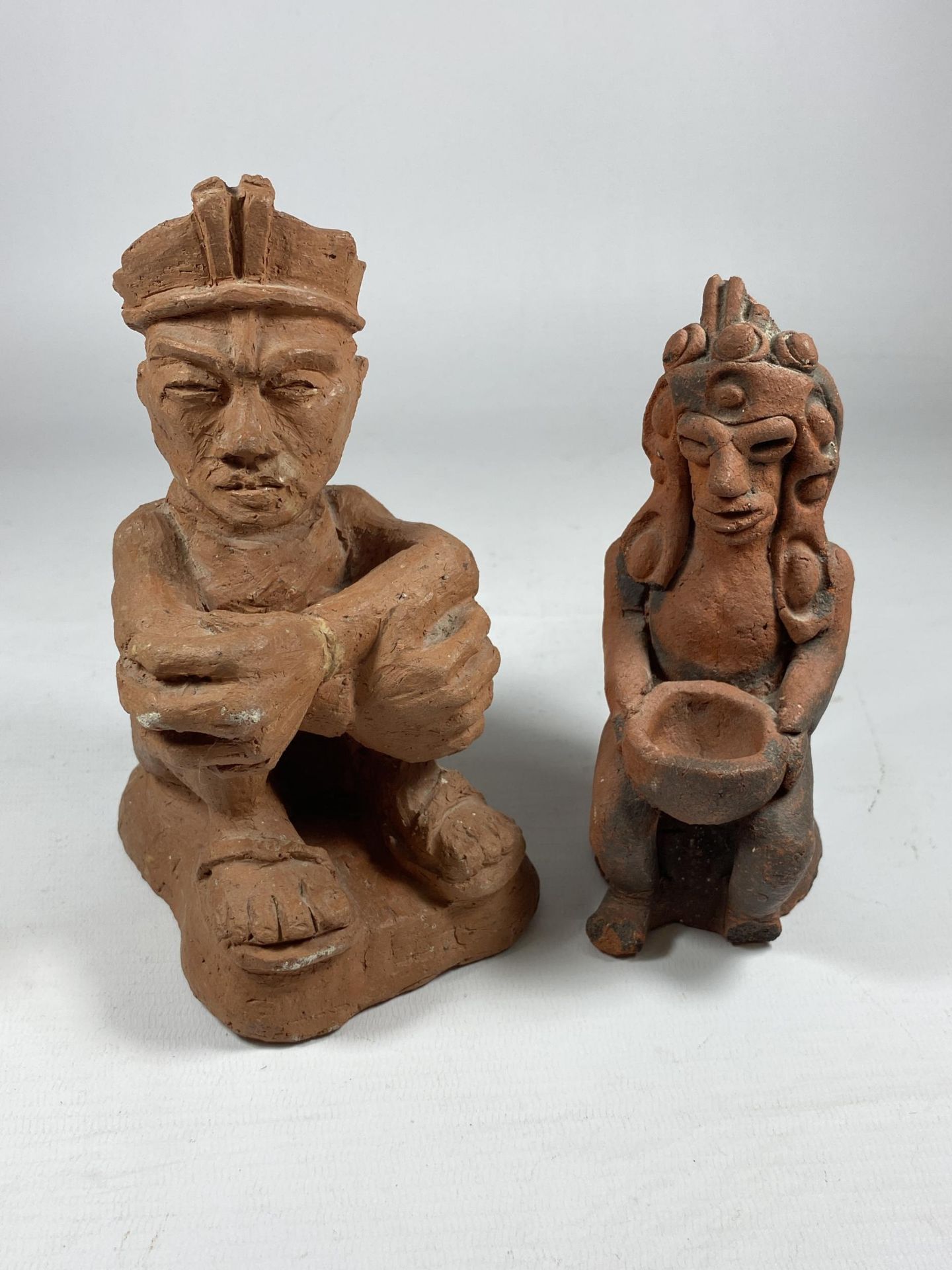 TWO UNUSUAL UGANDAN POTTERY / TERRACOTTA MODELS, HEIGHT 16CM