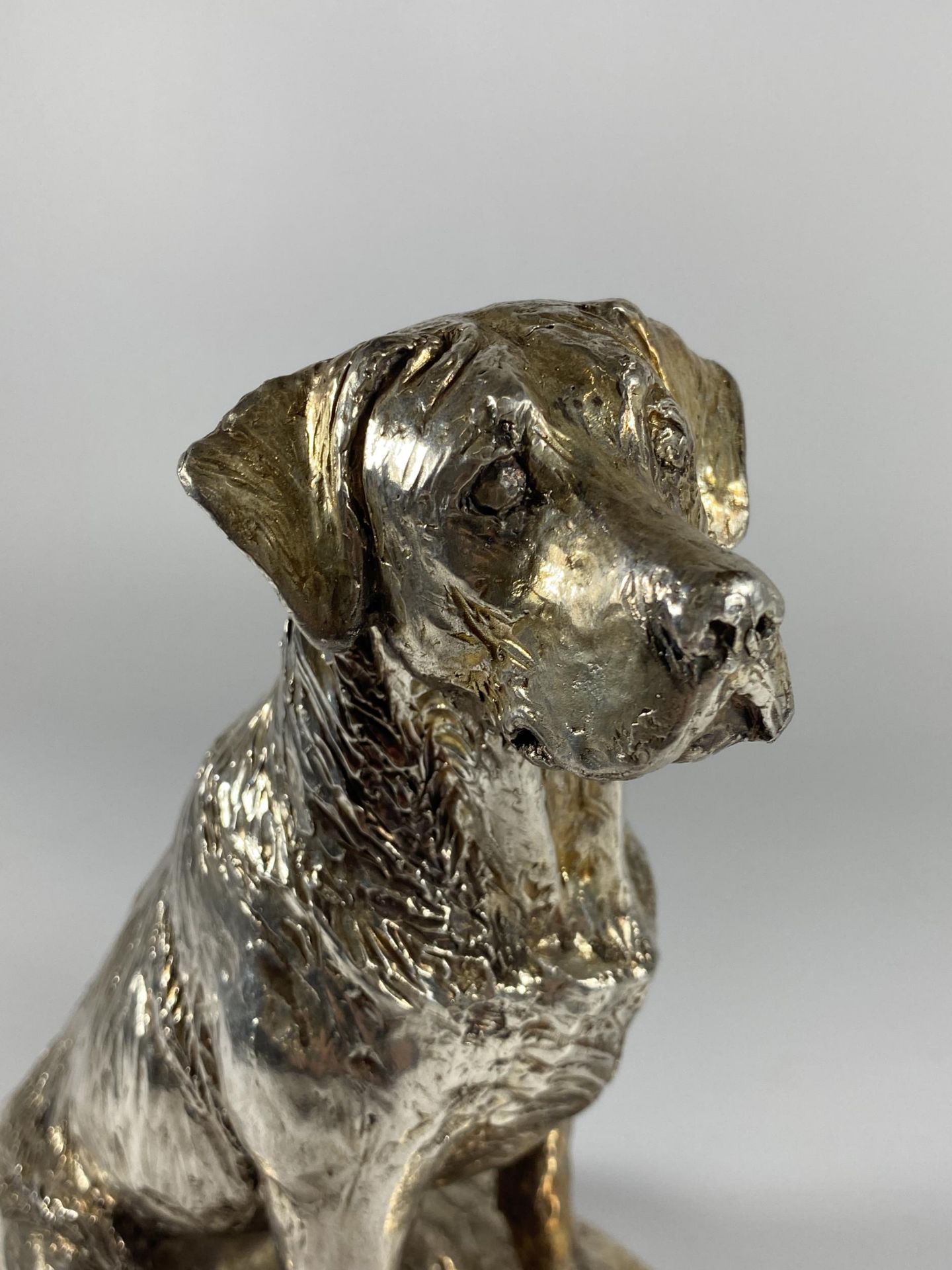 A LARGE HALLMARKED SILVER FILLED CAMELOT SILVERWARE LTD MODEL OF A SEATED LABRADOR, HEIGHT 21CM - Bild 3 aus 7