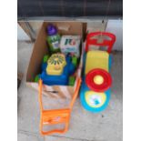AN ASSORTMENT OF ITEMS TO INCLUDE A CHILDS TRUCK AND A CHILDS BUBBLE MOWER AND FOUR SUITCASES ETC