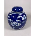A 19/20TH CENTURY CHINESE PRUNUS PATTERN GINGER JAR, DOUBLE RING MARK TO BASE, 15.5CM