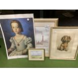 TWO FRAMED SCENIC PRINTS TOGETHER WITH A PORTRAIT OF A DOG AND A FURTHER PRINT A BRONZINO