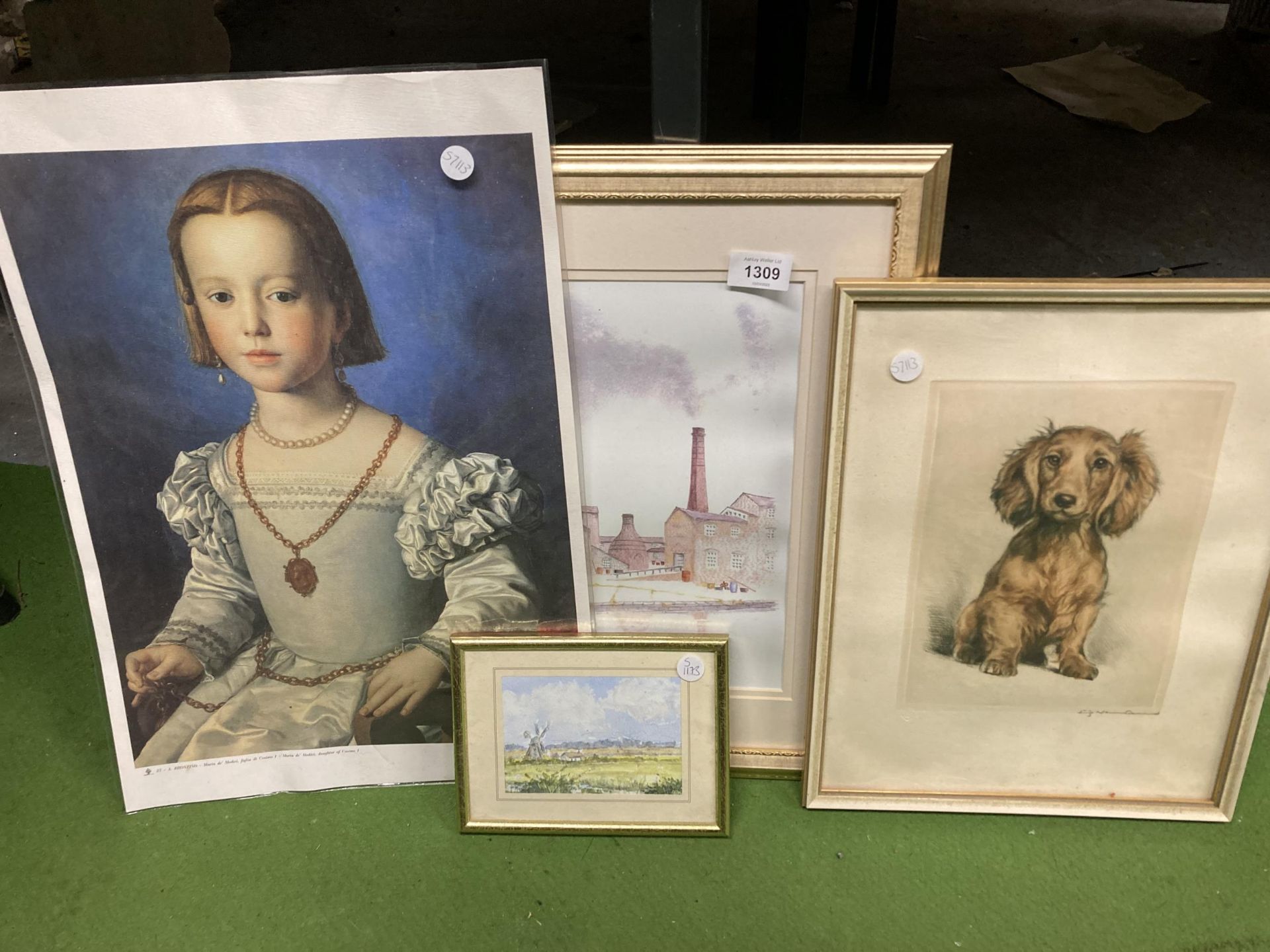 TWO FRAMED SCENIC PRINTS TOGETHER WITH A PORTRAIT OF A DOG AND A FURTHER PRINT A BRONZINO