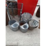 AN ASSORTMENT OF GALVANISED AND STAINLESS STEEL ITEMS TO INCLUDE BUCKETS, MOP BUCKETS AND A BASKET