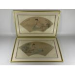 A PAIR OF GILT FRAMED CHINESE SILK FAN PICTURES, 55 X 35CM