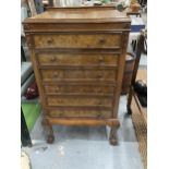 A VINTAGE MAHOGANY CUTLERY CHEST OF 6 DRAWERS WITH BALL AND CLAW FEET TO THE FRONT HEIGHT 87CM,