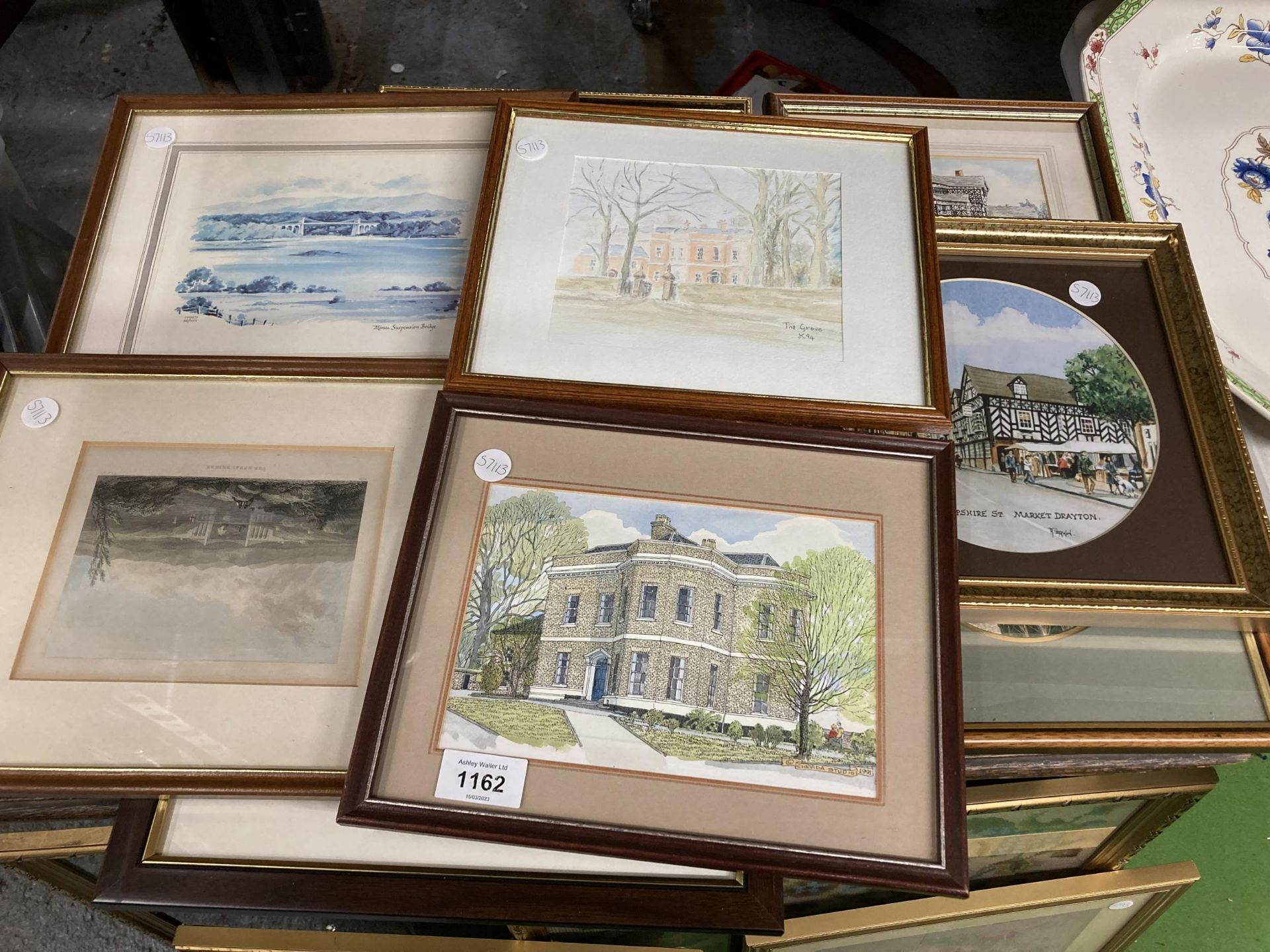 A QUANTITY OF FRAMED PRINTS TO INCLUDE BUILDINGS, ETC - 9 IN TOTAL