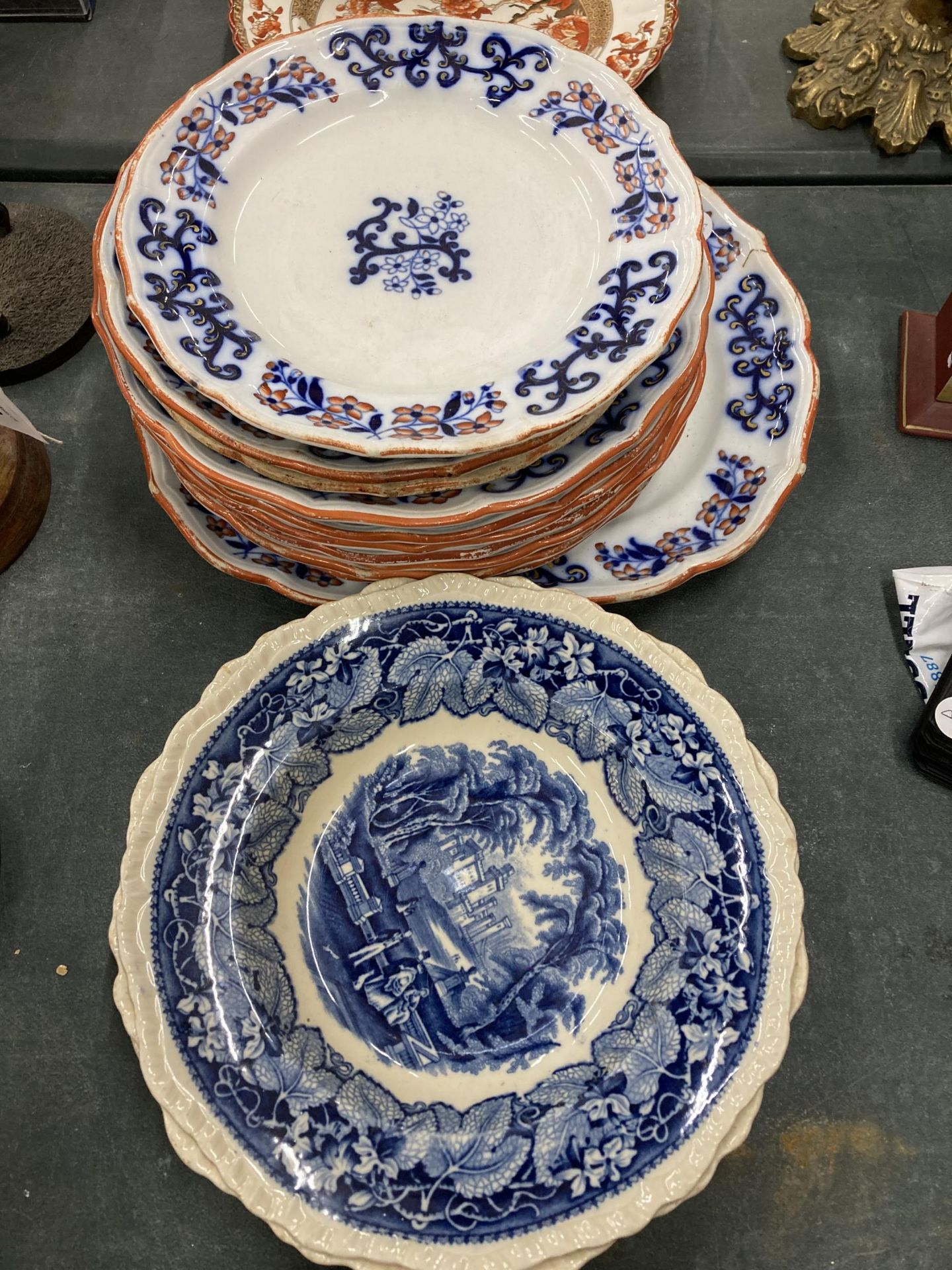 A QUANTITY OF VICTORIAN PLATES WITH IMPRESSED MARK TO TH BACK PLUS FIVE MASON'S 'VISTA' BLUE AND - Image 3 of 6