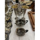 A DEVONWARE SILVER TEASET (SUGAR DISH HANDLE A/F) AND A PAIR OF SILVER VICTORIAN WARE CANDLESTICKS