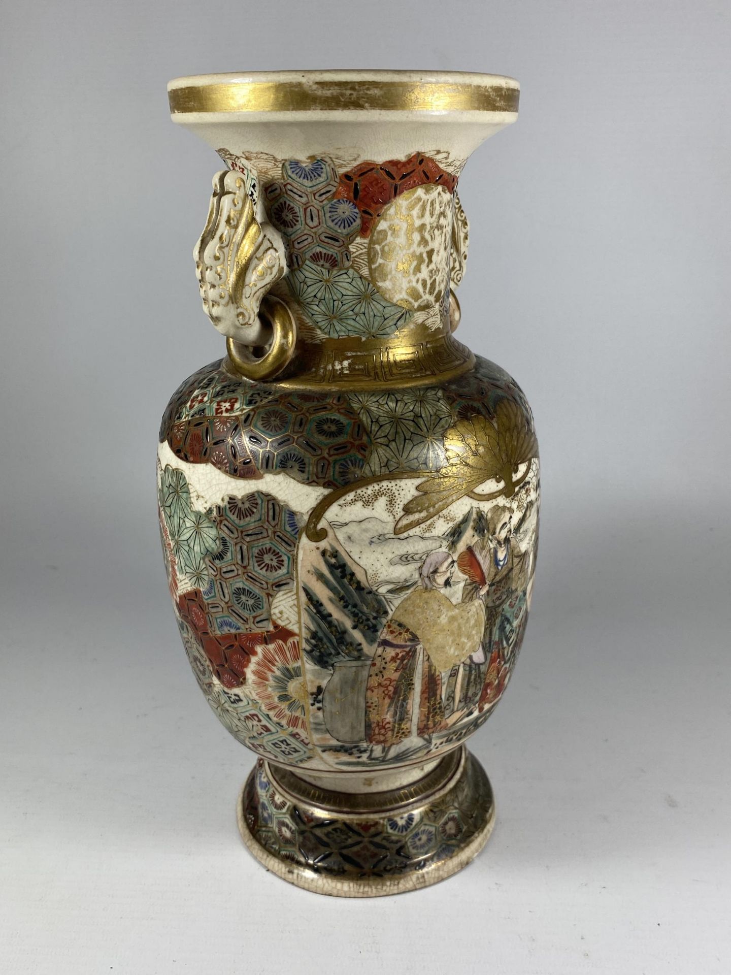 A JAPANESE MEIJI PERIOD (1868-1912) SATSUMA POTTERY TWIN HANDLED VASE WITH FIGURAL SCHOLAR DESIGN, - Image 3 of 5