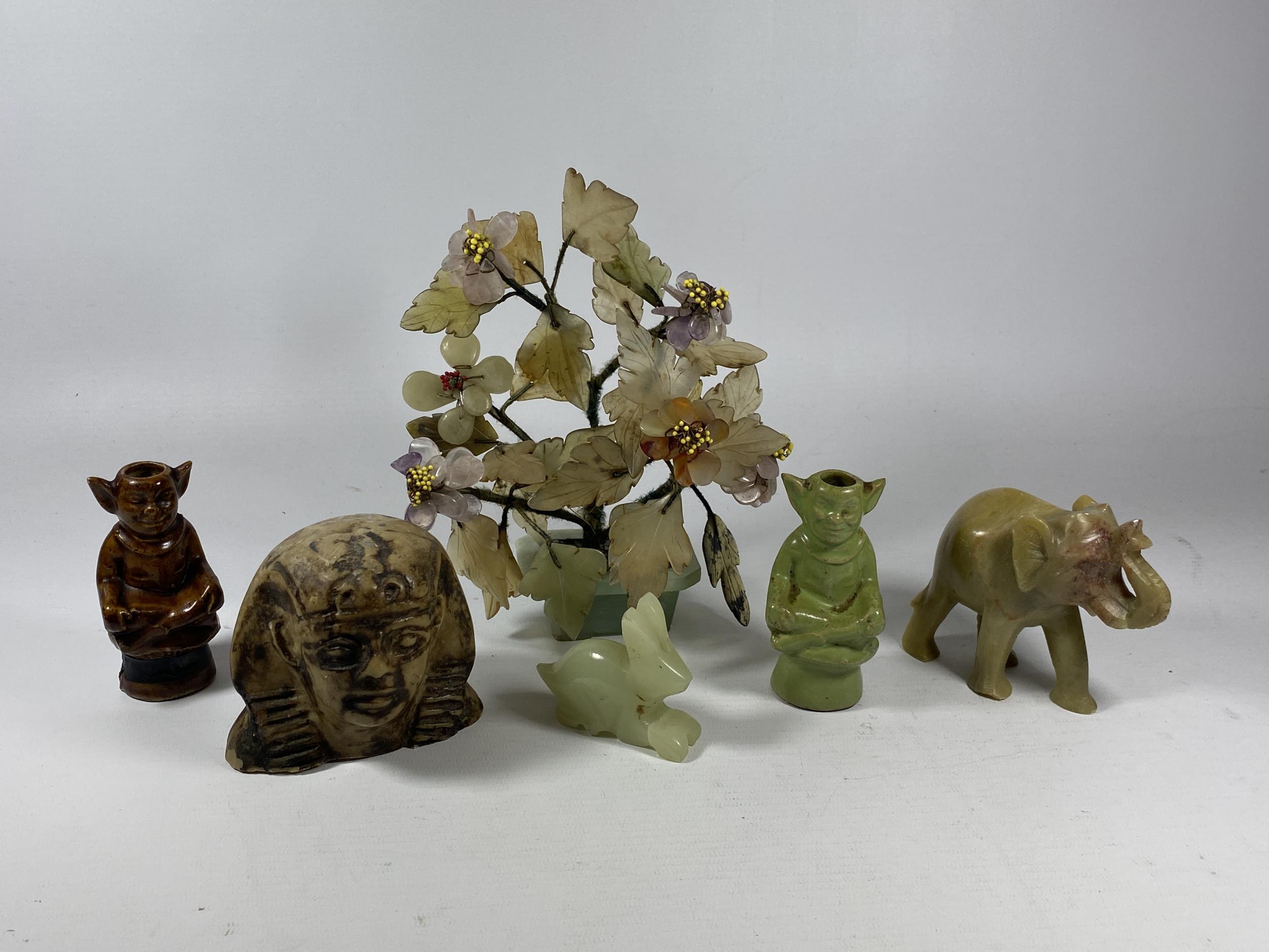 A MIXED GROUP OF ORIENTAL ITEMS TO INCLUDE JADE TYPE ELEPHANT, PLANT, EGYPTIAN HEAD ETC, PLANT