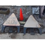 AN ASSORTMENT OF ROAD SIGNS AND STAKES ETC