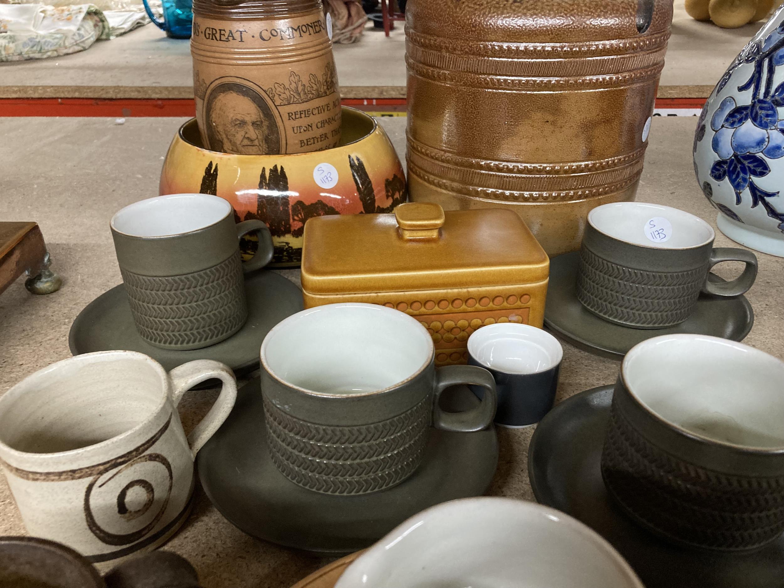 A QUANTITY OF STONEWAR3E TO INCLUDE MUGS, SAUCERS, LARGE STORAGE JAR, BUTTER DISH, JUG, ETC., - Image 3 of 5