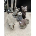 FIVE VARIOUS RECONSTITUTED STONE GARDEN FIGURES TO INCLUDE TWO FOXES AND A SQUIRREL ETC
