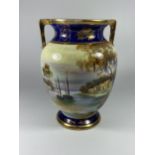 A NORITAKE TWIN HANDLED VASE WITH LAKE SCENE, HEIGHT 22CM, ONE HANDLE A/F