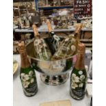 A LARGE CHAMPAGNE/WINE COOLER BOWL WITH FIVE HANDPAINTED CHAMPAGNE BOTTLES