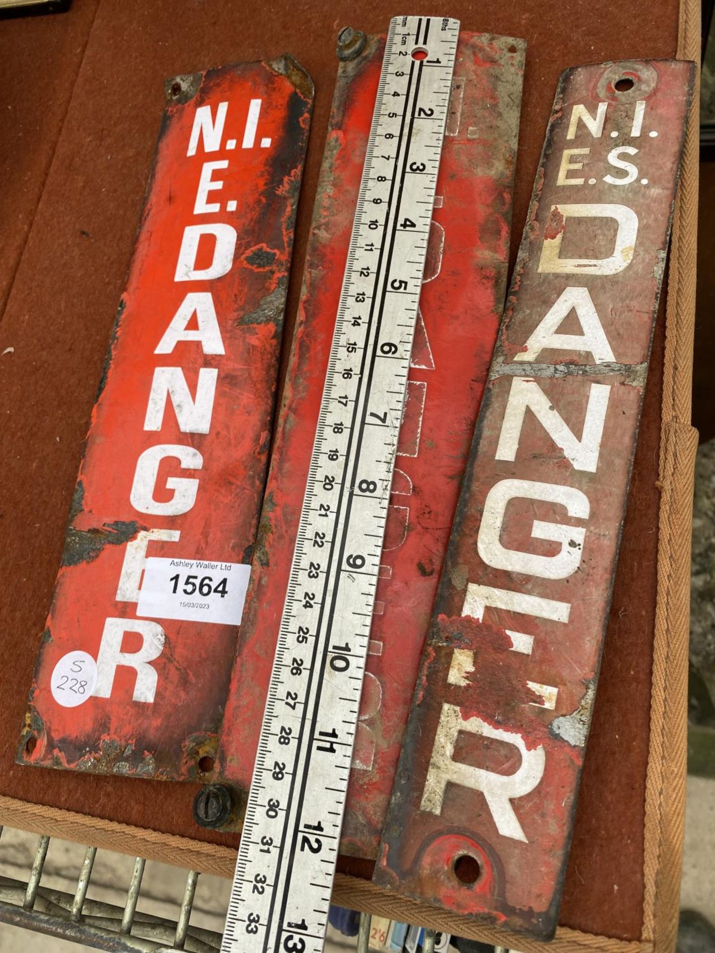 THREE VINTAGE METAL 'N.I.E DANGER' SIGNS - Image 2 of 2