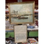 AN 1839 FRAMED SAMPLER BY SARAH MILBANK AGED 10 YEARS PLUS A FRAMED BOAT PRINT