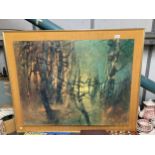 A VERY LARGE PRINT OF WOODLAND MOUNTED ON A MATERIAL BACKED FRAME 105CM X 86CM