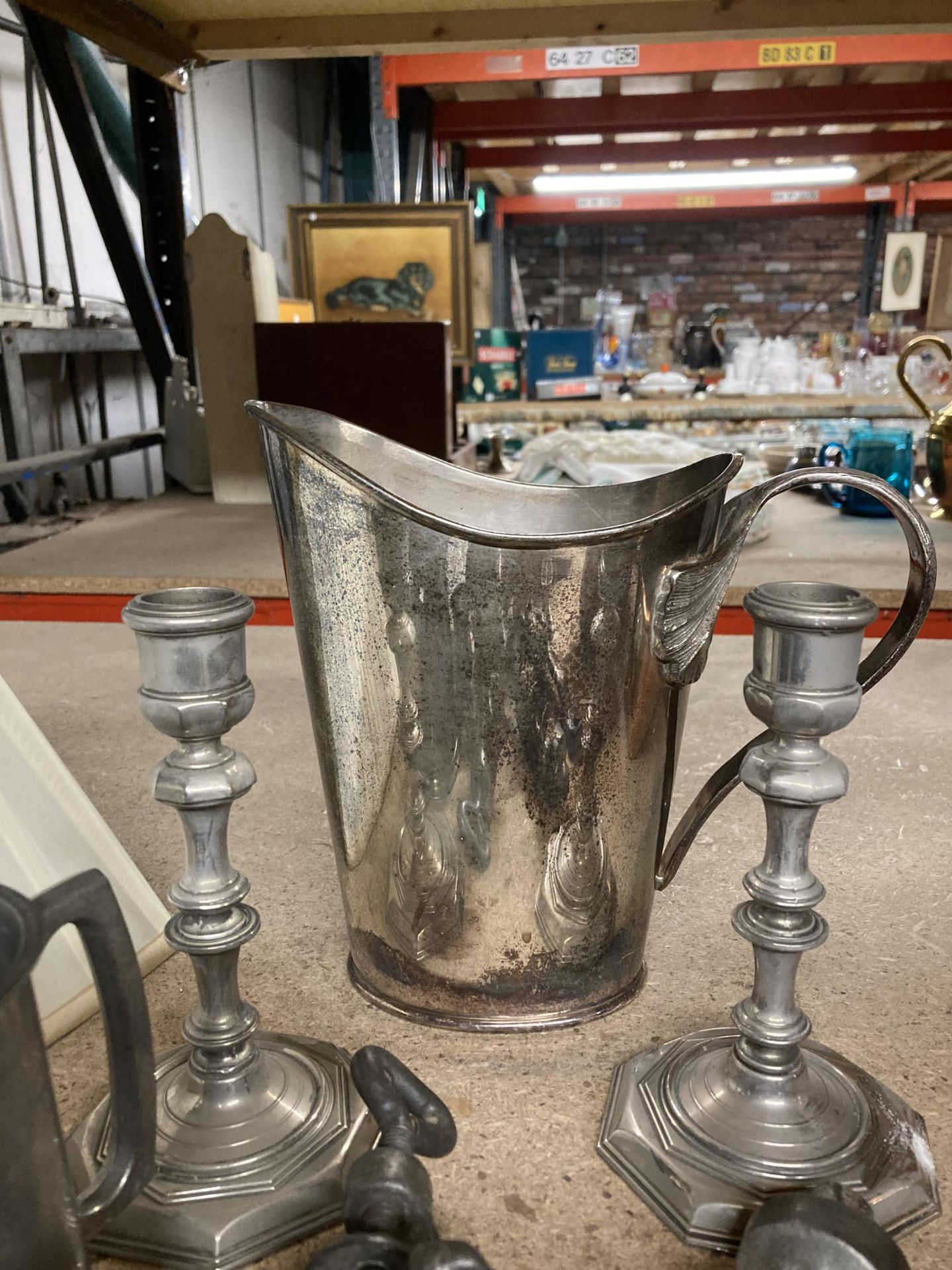 A VINTAGE BEATRICE MINCER TOGETHER WITH SILVER COLOURED CANDLESTICKS, LARGE JUG, TANKARD, ETC., - Image 3 of 3