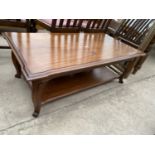 A MODERN HARDWOOD TWO TIER COFFEE TABLE WITH END PULL-OUT SLIDES, 47X25"