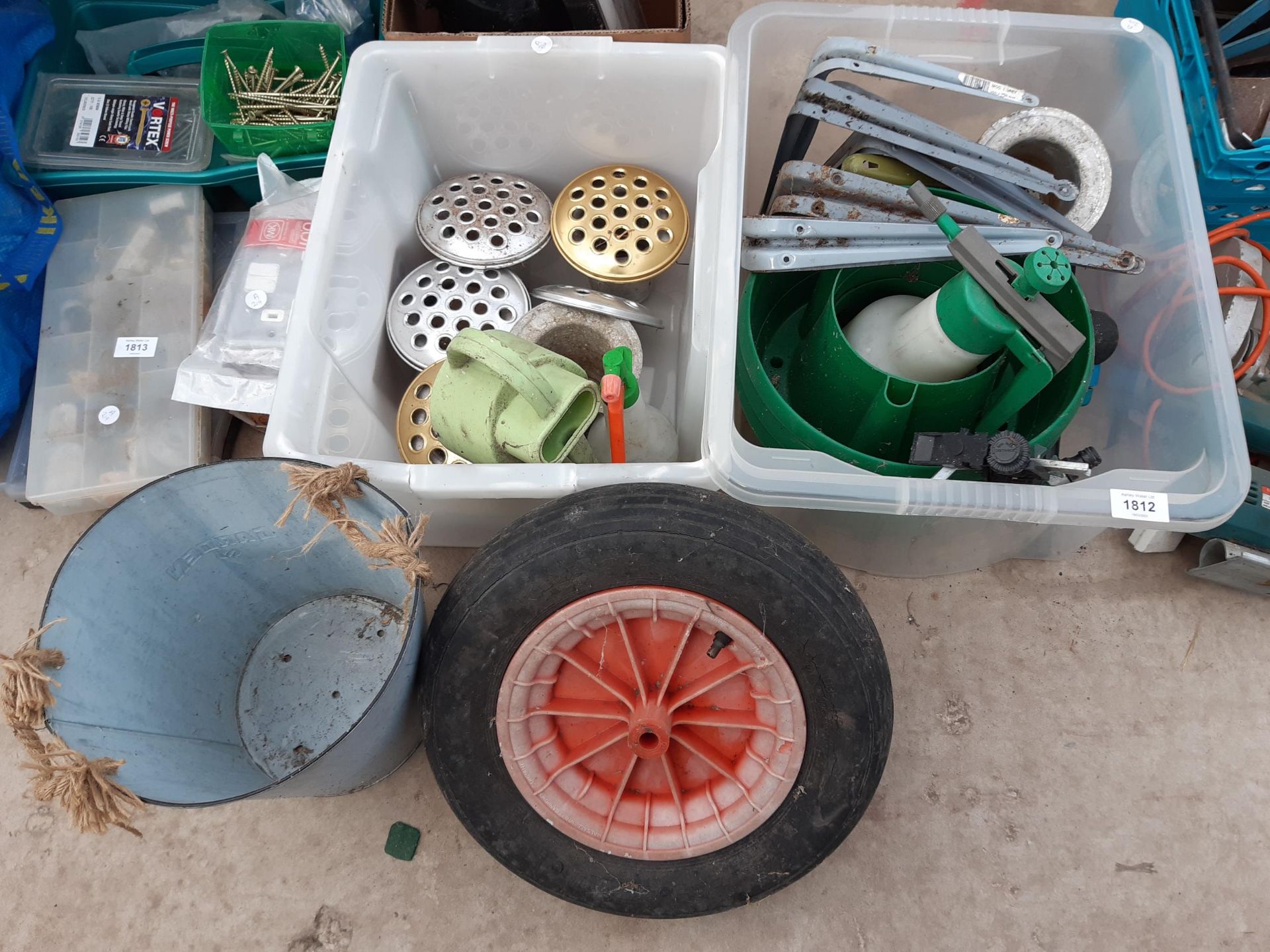 AN ASSORTMENT OF ITEMS TO INCLUDE GRAVE POTS AND A SPARE WHEEL ETC