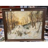 A FRAMED OIL ON CANVAS OF SHEEP IN THE STYLE OF JOSEPH FARQUHARSON