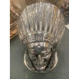 A WHITE METAL CHIEF'S HEAD MASCOT HEIGHT 10CM