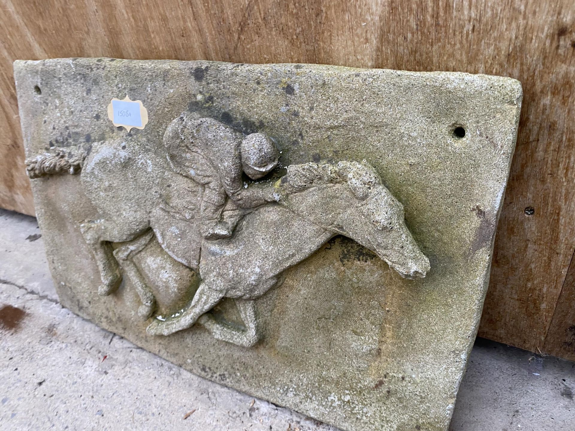 A STONE HORSE AND JOCKEY PLAQUE SIGN - Image 2 of 5