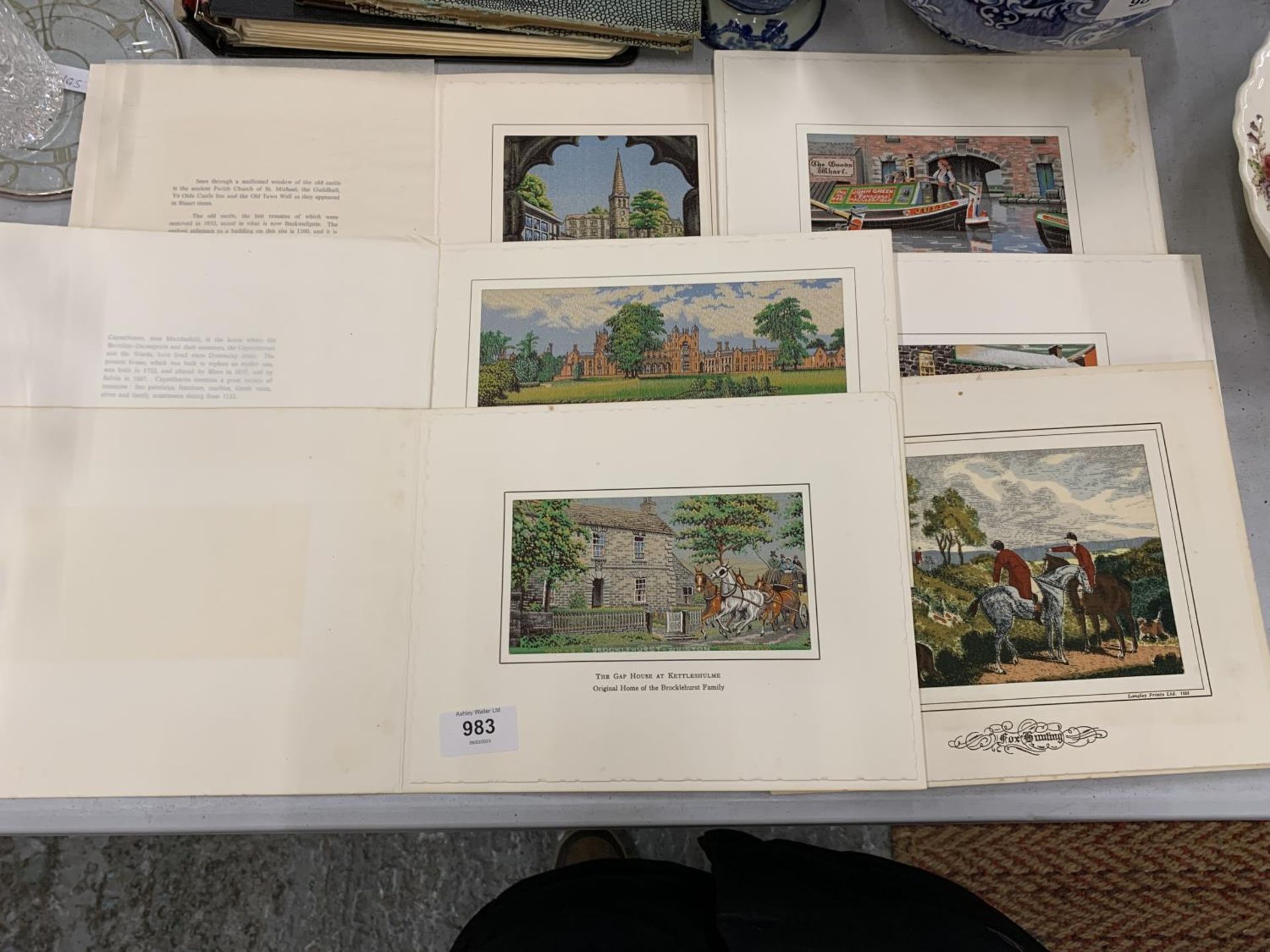 SIX UNFRAMED MACCLESFIELD SILK PICTURES TO INCLUDE FOX HUNTING, THE HOUSE OF BROCKLEHURST,
