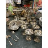 A QUANTITY OF SILVER PLATED ITEMS TO INCLUDE A TREFOIL DISH, ROSE BOWL, GOBLETS, SUGAR SHAKER,