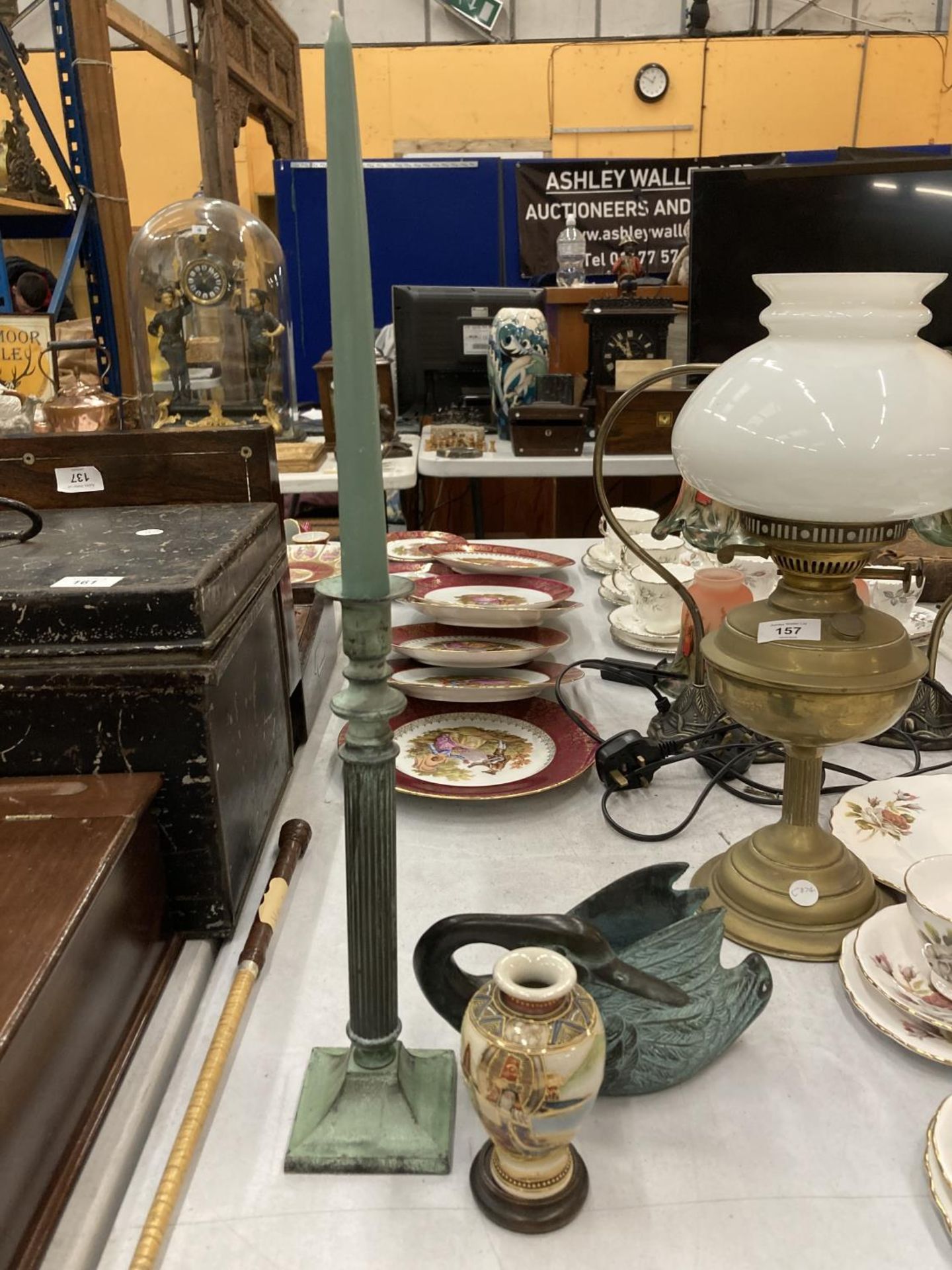 AN ANTIQUE STYLE METAL CANDLESTICK AND DUCK BOWL PLUS AND ORIENTAL STYLE SMALL VASE