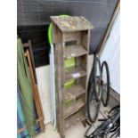 A FIVE RUNG VINTAGE WOODEN STEP LADDER AND A FURTHER STEP LADDER