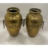 A PAIR OF ART NOUVEAU BELDRAY BRASS TWIN HANDLED VASES