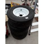 THREE 205X8X10 TRAILER TYRES AND RIMS AND A 5X10 TYRE AND RIM
