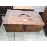 AN INDIAN HARDWOOD BOX WITH BRASS STRAP + IRONWORK HANDLE + CLASP