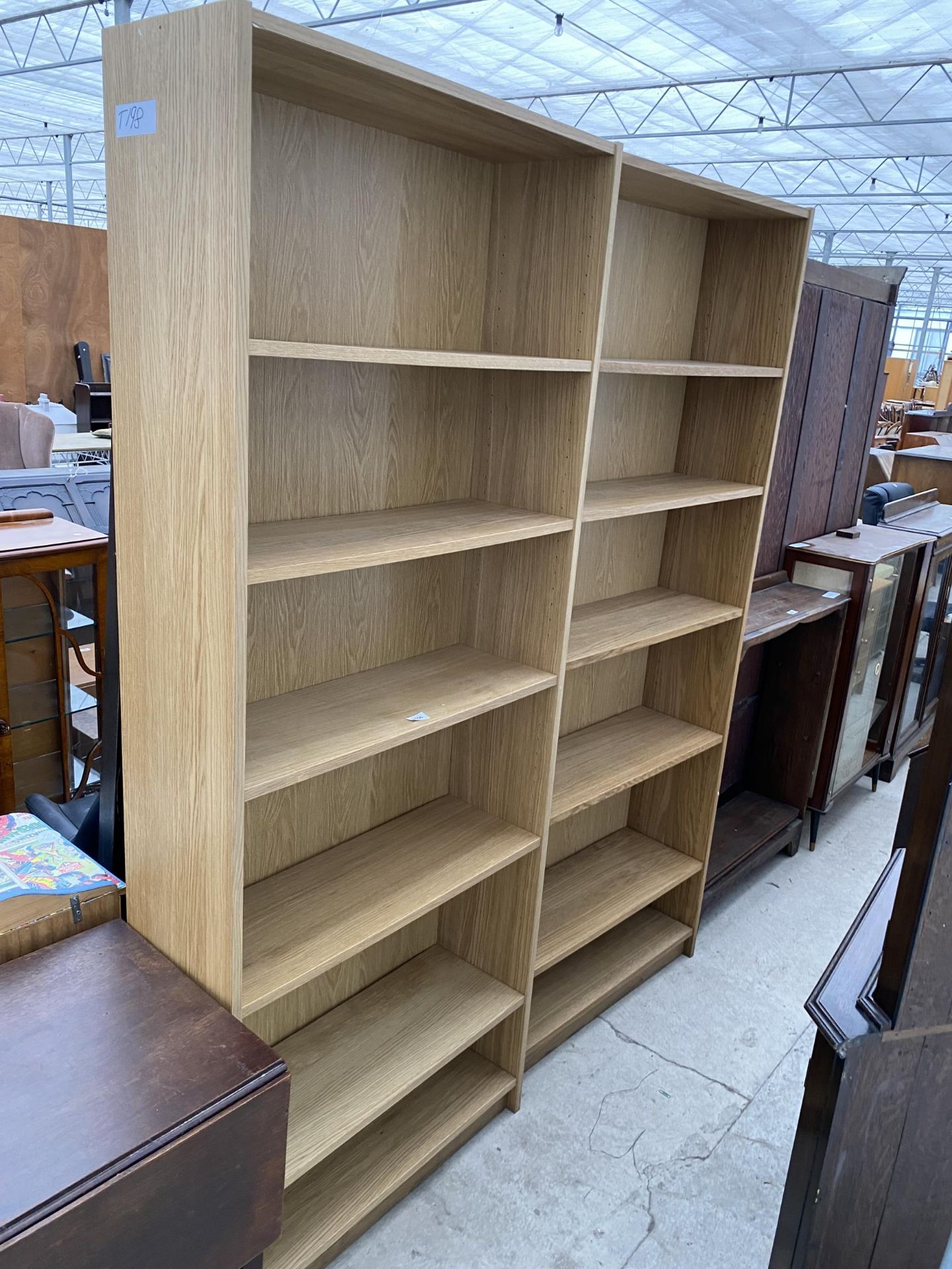 A PAIR OF MODERN SIX TIER OPEN DISPLAY SHELVES, 31.5" WIDE, 80" HIGH AND 11" DEEP