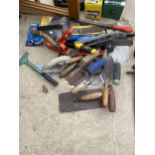 AN ASSORTMENT OF TOOLS TO INCLUDE TROWELS AND RASPS ETC